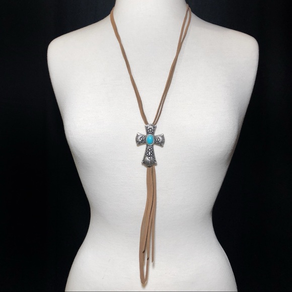 Long Suede Fringe Tassel Cross Necklace Set - Picture 3 of 3